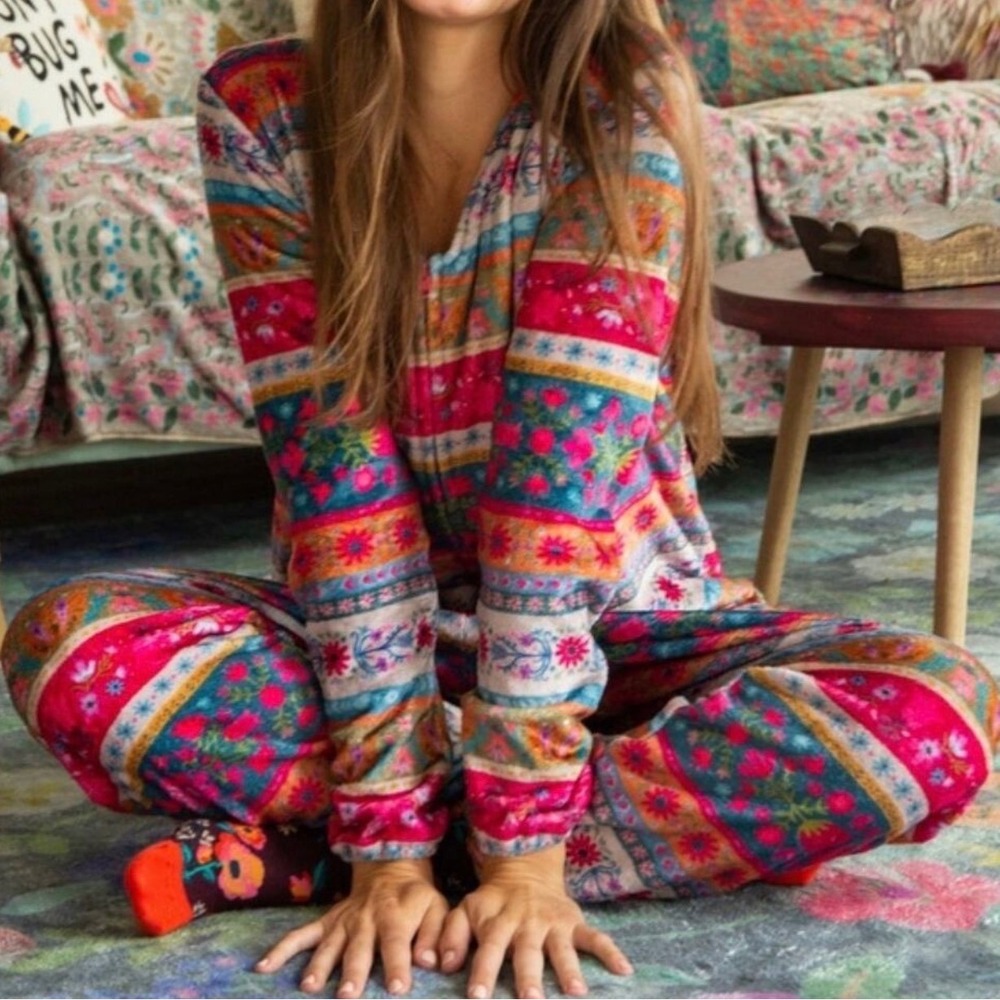 Natural Life Sherpa Lined Fleece Jumpsuit Floral Boho Lounge One Piece Large